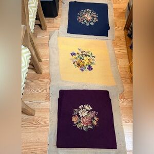 Vintage Needlepoint Tapestry For Seat Cushions Pillows or Framed Art Set of 3